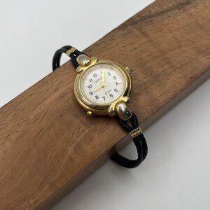 Carriage Timex Women’s Western Watch Gold Tone Case Black Leather Indiglo Boho